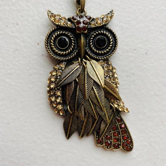 Owl Pendant Necklace Long Metal & Rhinestone Burnished Gold Boho Cottage - Picture 3 of 7